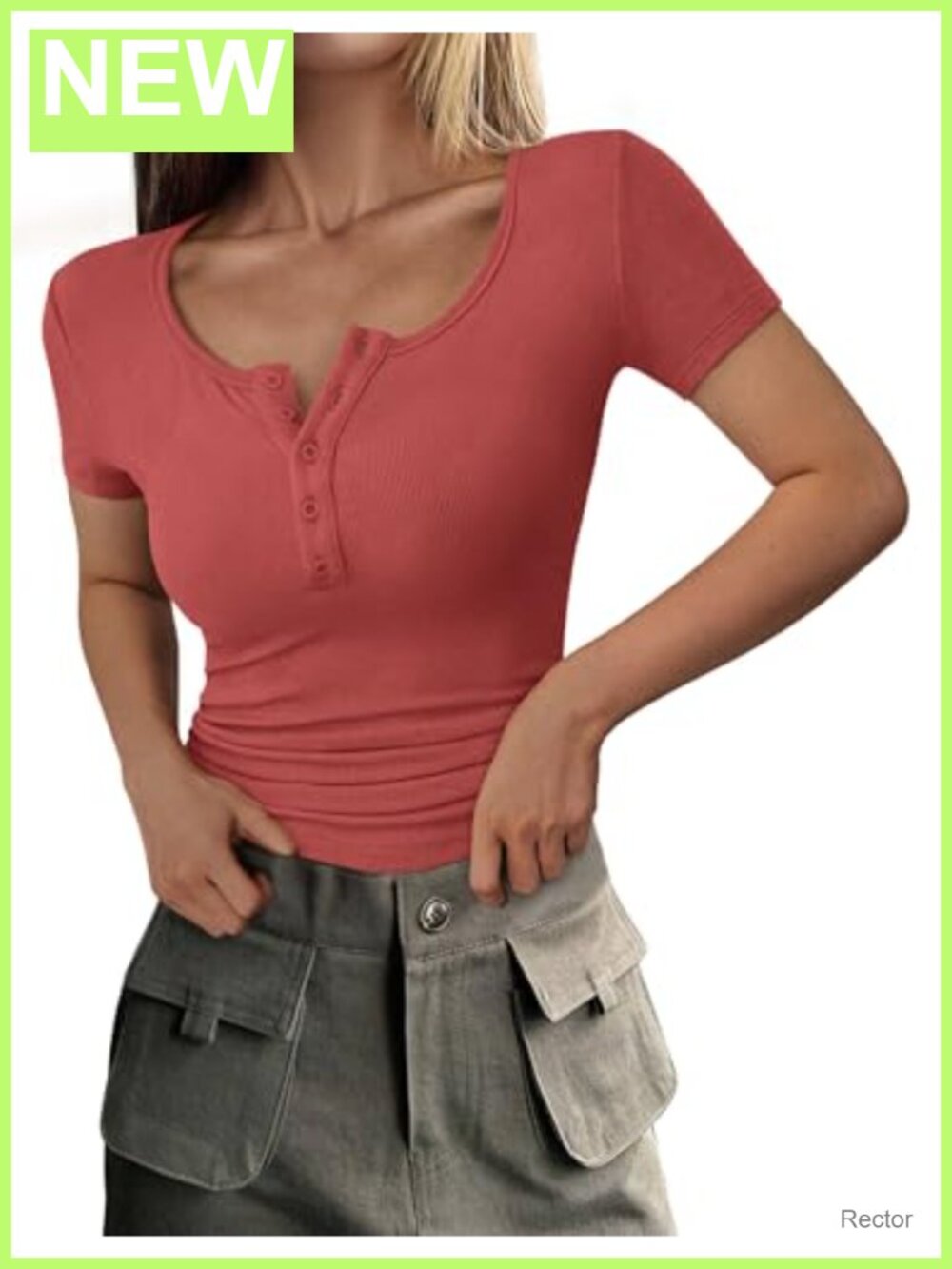 Women's Ribbed Knit Henley Top Short Sleeve Slim Fit Summer Tee
